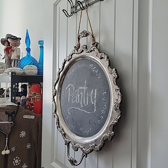 Vintage Chalk Board Menu Board Silverplate Tray Platter 22" x 17" w hanger - Picture 3 of 14